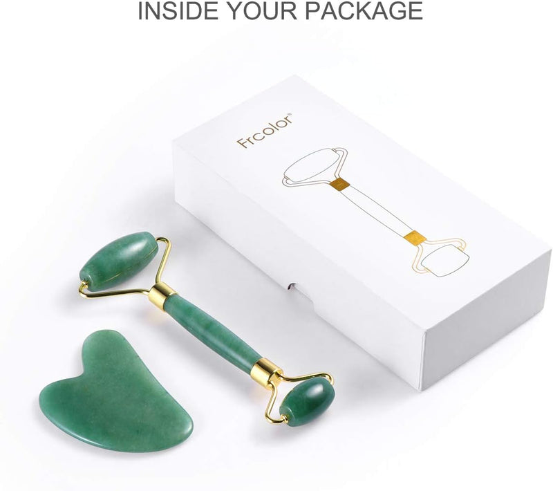 Rolo de jade para rosto, conjunto de pedras faciais naturais de jade, massageador de pele com ferramentas de raspagem Gua Sha