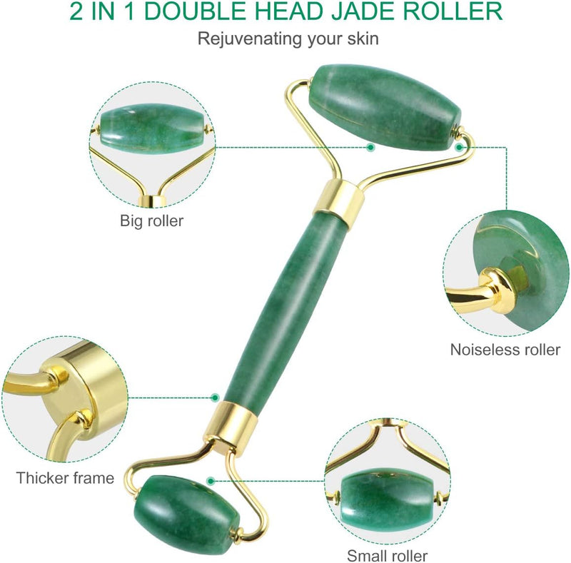 Rolo de jade para rosto, conjunto de pedras faciais naturais de jade, massageador de pele com ferramentas de raspagem Gua Sha