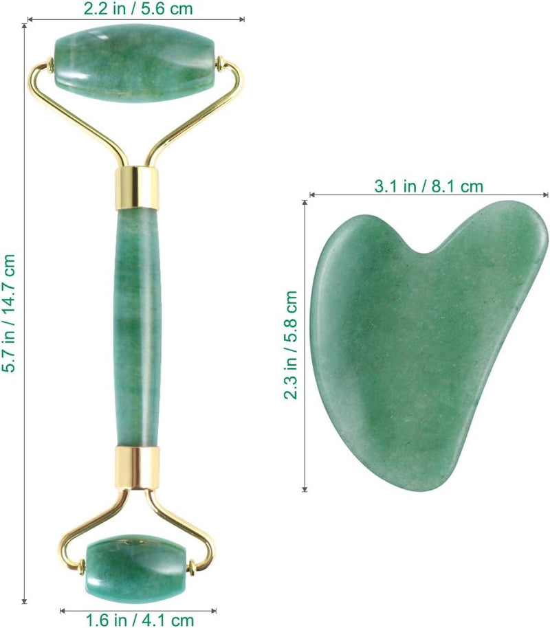 Rolo de jade para rosto, conjunto de pedras faciais naturais de jade, massageador de pele com ferramentas de raspagem Gua Sha