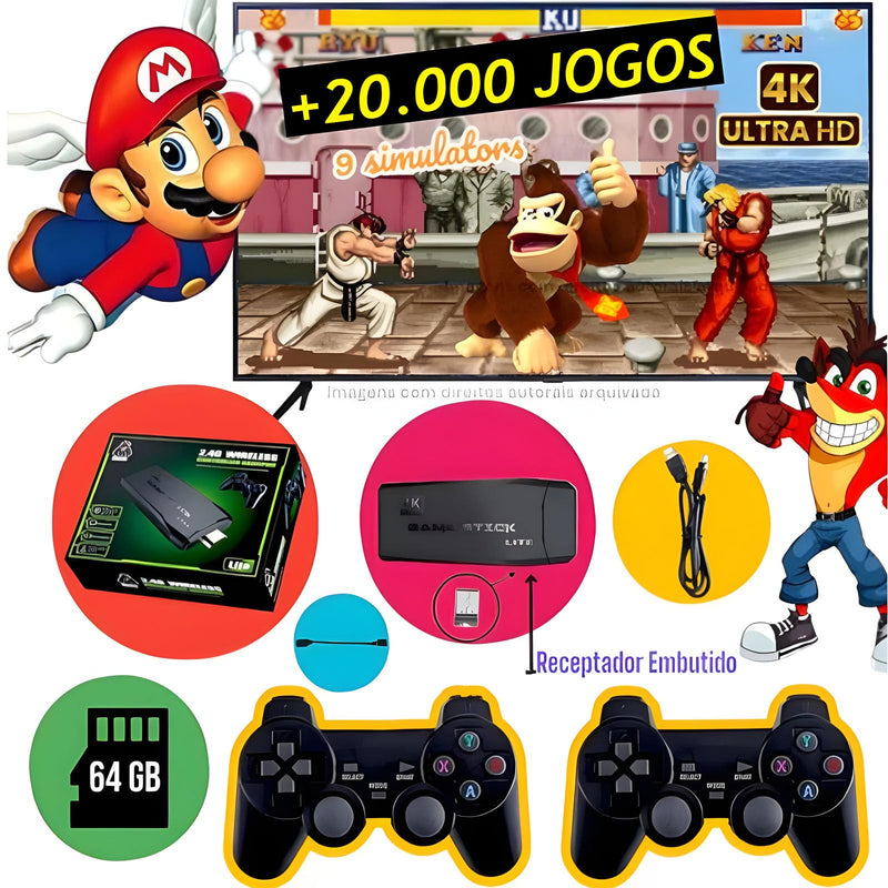 GAME STICK 4K ORIGINAL VERSÃO ATUALIZADA 11 MIL JOGOS com 2 controles sem fio